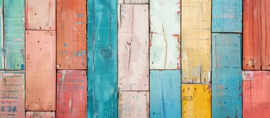 Canvas Print - A vertical high angle shot of a wooden ground with vertically arranged tiles pastel background. with copy space image. Place for adding text or design