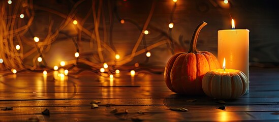 Poster - Halloween - Jack O' Lanterns - Candles And String Lights On Wooden Table. Copy space image. Place for adding text or design