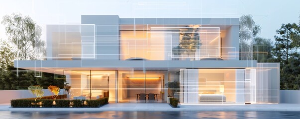 Poster - in a cutting-edge residential neighborhood, a modern house is marked with a holographic foreclosure 