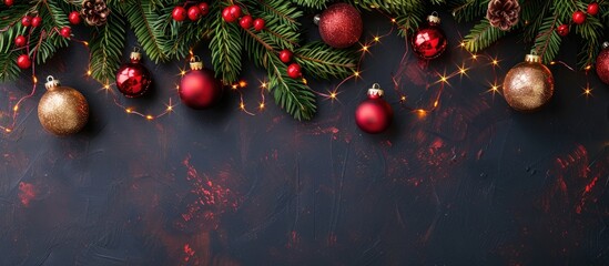 Poster - Christmas decor, garland, balls and Christmas tree. with copy space image. Place for adding text or design
