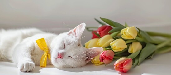 Poster - white cat in a yellow bow tie, lie nearby a bouquet of tulips, on white background. with copy space image. Place for adding text or design