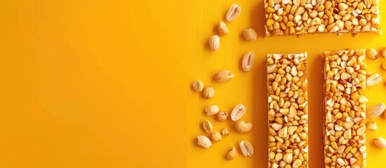 Aufkleber - Honey bars with peanuts, sesame and sunflower seeds isolated pastel background. with copy space image. Place for adding text or design