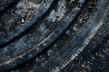 Wall Mural - Aerial view tire track mark on asphalt tarmac road race track texture and background, Abstract background black tire track skid on asphalt road, Tire mark skid mark on asphalt road.