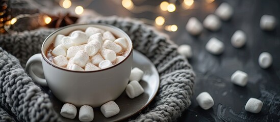 Aufkleber - Cup of hot chocolate and marshmallow, lights on dark background . with copy space image. Place for adding text or design