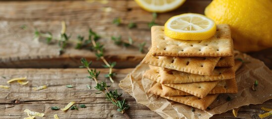 Aufkleber - Thyme and lemon crackers with a wooden table background pastel background. with copy space image. Place for adding text or design
