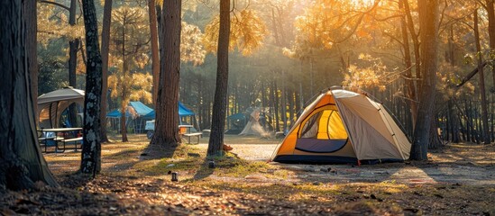 Aufkleber - Camping tent in the morning at the camping area. with copy space image. Place for adding text or design