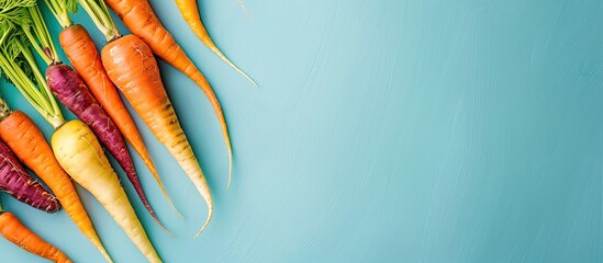Leinwandbilder - colourful organic carrots on pastel background with copy space