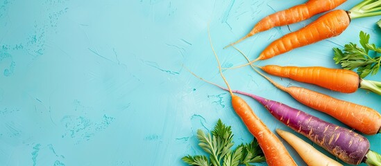 Leinwandbilder - colourful organic carrots on pastel background with copy space