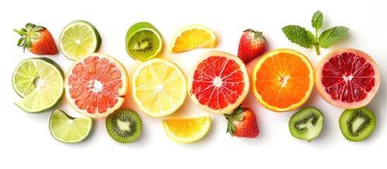 Wall Mural - Collection of fruit slices isolated on white background. Fresh food. Copy space image. Place for adding text or design