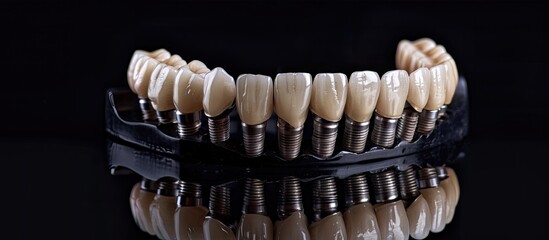 Poster - Full arch fixed dental prostheses on dental implant with black background. Copy space image. Place for adding text or design