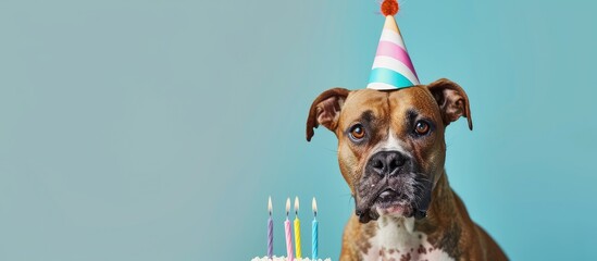 Aufkleber - Funny dog with birthday cake and hat. Copy space image. Place for adding text or design