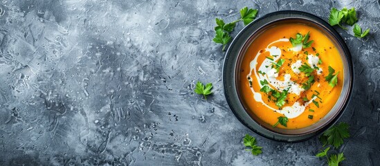 Poster - Pumpkin and carrot soup with cream on grey stone background. Close up. Top view. Copy space image. Place for adding text or design