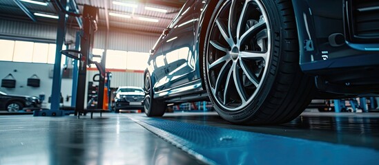 Poster - Alignment of car wheels in a car service. with copy space image. Place for adding text or design