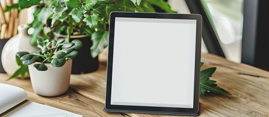 Poster - Mock up computer tablet with white display, houseplant and notebook on wooden desk. with copy space image. Place for adding text or design