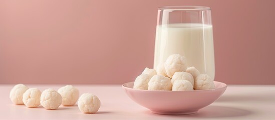 Fototapete - Mozzarella cheese balls in bowl and glass of milk on pastel background. with copy space image. Place for adding text or design