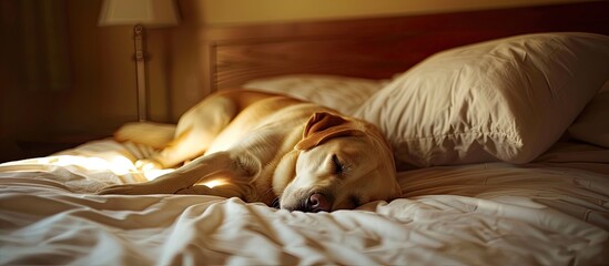 Poster - Dog sleeping on bed . with copy space image. Place for adding text or design