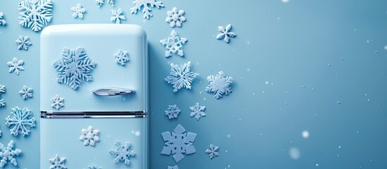 Poster - steel refrigerator and blue snowflakes on pastel background. with copy space image. Place for adding text or design
