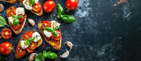 Aufkleber - Bruschetta with roasted tomatoes, mozzarella cheese, garlic and basil. Copy space image. Place for adding text or design