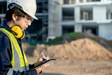 Asian male site engineer or building inspector man with green reflective vest, safety helmet, goggles and earmuffs using digital tablet inspecting working process at construction site.