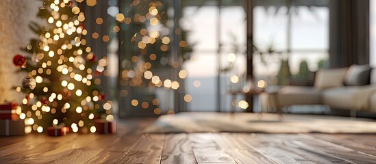 Poster - Defocused background Living room with christmas tree. with copy space image. Place for adding text or design