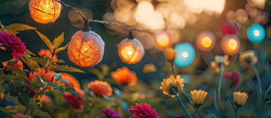 Wall Mural - Bright colorful cotton light balls string in flowering spring garden as decoration. with copy space image. Place for adding text or design