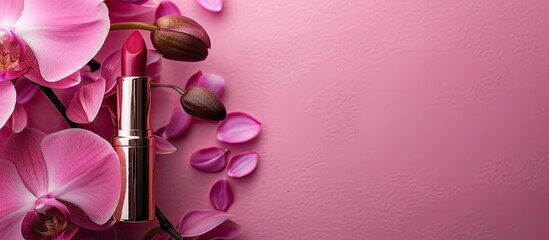 Poster - Orchid flower and lipstick pastel background Flower. with copy space image. Place for adding text or design