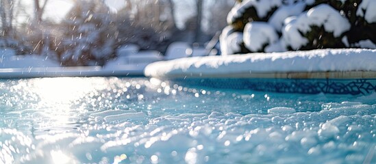Poster - Pool with ice and slush after snow storm. Inground pool with pool cover and ice layer in backyard with deep snow. Winterizing pool for cold, freezing or sub zero temperature. Selective focus.