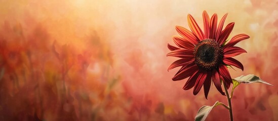 Wall Mural - Beautiful and fresh blooming little red sunflower (Helianthus) isolated on pastel background space background. with copy space image. Place for adding text or design