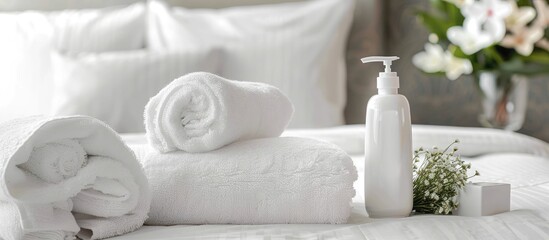 Wall Mural - Hotel towel with shampoo and soap bottle set on white bed. with copy space image. Place for adding text or design
