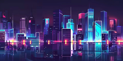 Wall Mural - Pixel art retro wave. panorama of big city. wide banner. Space for text. neon cyberpunk digital 8 16 32 64 bit painting. poster, flyer, banner, email, header, social media post. Generative Ai content