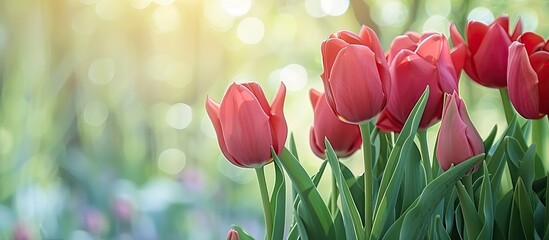Poster - Red tulips in green garden pastel background  Flower. with copy space image. Place for adding text or design