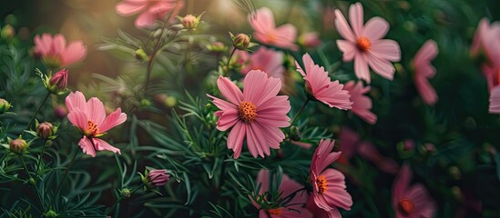 Poster - Pink cosmos flowers growing and flowering in lush green bush in a home garden or backyard. Textured detail of variety of plants blossoming and blooming. Passionate about horticulture and fresh botany.
