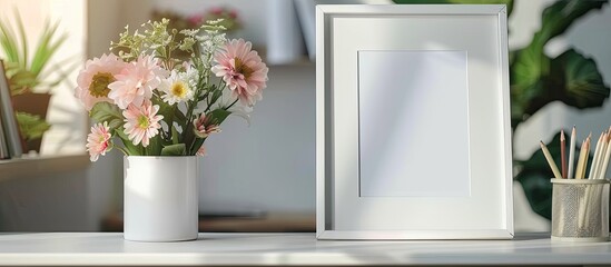 Poster - Bouquet of plastic flowers Placed on the desk in the office beside blank photo frame. with copy space image. Place for adding text or design