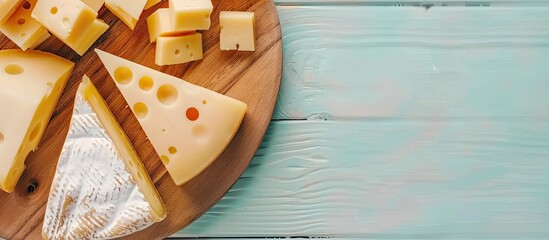 Poster - edam parmesan and brie cheese on wooden platter over wooden table pastel background. with copy space image. Place for adding text or design