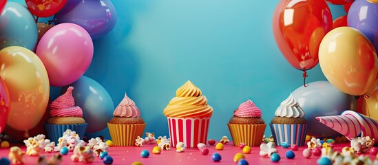 Poster - Colorful evening birthday party set with balloons, cupcakes, popcorn, candy and lots of fun for background use. with copy space image. Place for adding text or design