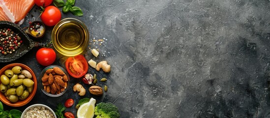 Aufkleber - Different products on grey table. Healthy food and balanced diet. Copy space image. Place for adding text or design