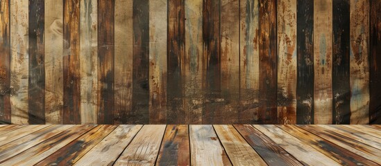 Poster - Empty top of vintage striped pattern wall and wooden deck tabletop.For product display. with copy space image. Place for adding text or design