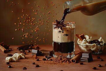Wall Mural - Irish cream and coffee liquor is poured from a bottle into a glass. Coffee beans, cinnamon, anise, and pieces of bitter chocolate are scattered on the table. Hd, realistic, copy space, Generative ai