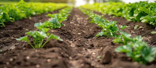 Fototapete - Tidy rows of sugar beets in perspective in fertile soil on an agricultural field. Sugar beet cultivation. Agricultural process. Copy space image. Place for adding text or design
