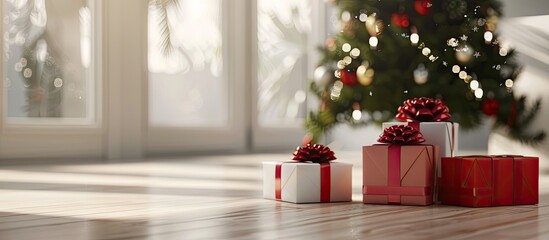 Poster - Beautiful Christmas gift boxes on floor near fir tree in room. with copy space image. Place for adding text or design