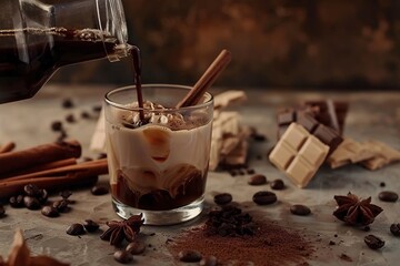 Wall Mural - Irish cream and coffee liquor is poured from a bottle into a glass. Coffee beans, cinnamon, anise, and pieces of bitter chocolate are scattered on the table. Hd, realistic, copy space, Generative ai