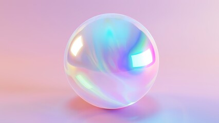 abstract 3d wallpaper of a transparent iridescent glass sphere on a light plain background shining in the light