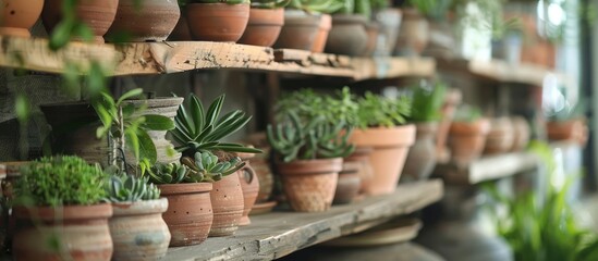Poster - beautiful potter plants on shelf. copy space image. place for adding text and design