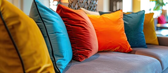 Wall Mural - Close up view of colorful decorative pillows on sofa in the lobby. Copy space image. Place for adding text and design
