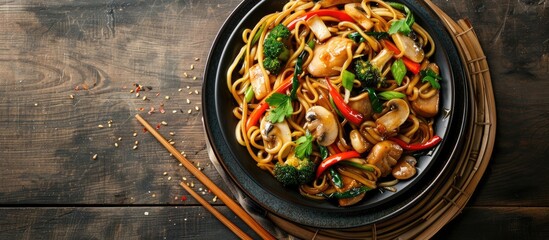 Sticker - Lo mein with vegetables, mushrooms and soy filets. Copy space image. Place for adding text and design