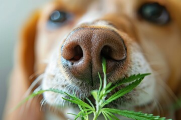 dog's nose sniffing a cannabis leaf. ai generative