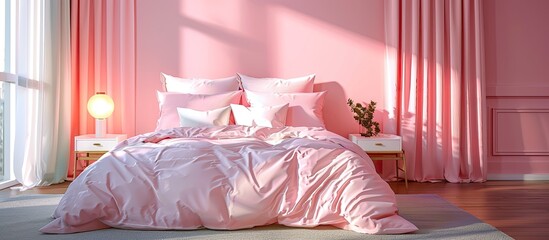 Wall Mural - pink bedroom in hotel or apartment. Copy space image. Place for adding text and design