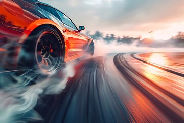 Blurred sport car drifting on speed track. Sport car wheel drifting and smoking with flare effect on track. Sport concept,drifting car concept.