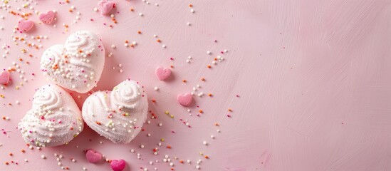 Sticker - Valentine's Day concept. Top view photo of heart shaped marshmallow candles and sprinkles on isolated light pink background with copyspace. Copy space image. Place for adding text or design
