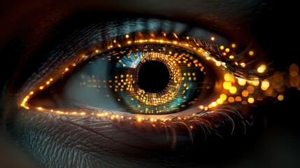 Close-up futuristic image of a human eye with glowing, vibrant digital patterns and lights, symbolizing technology and innovation.